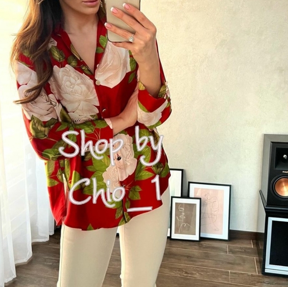 ZARA LONG PRINTED SHIRT Satin effect with V-neck color red Bloggers Favorite - Picture 8 of 13
